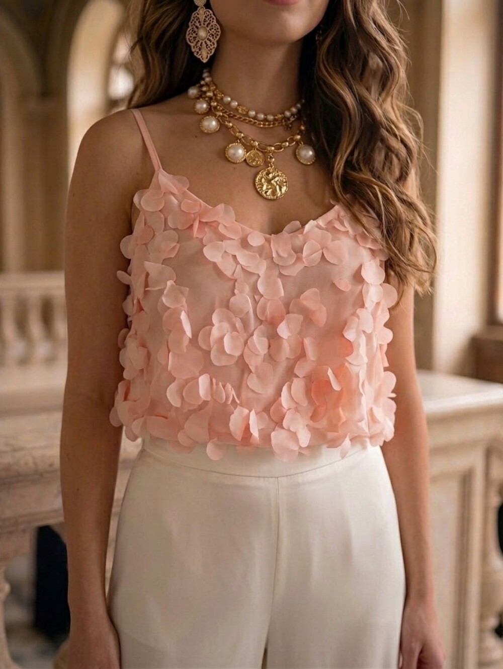 Anthropologie Petal-Embellished Pink V-Neck Cami